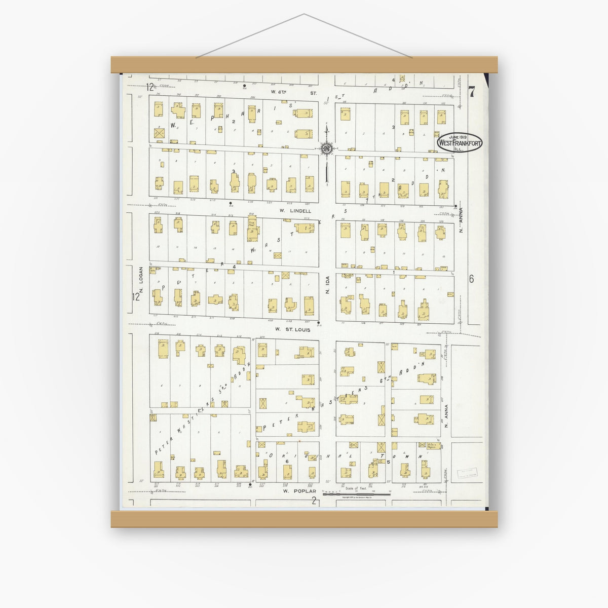 Old map wall art mockup — magnetic wood frame on white wall — Sanborn Fire Insurance Map from West Frankfort, Franklin County, Illinois (1919), Sheet #0007