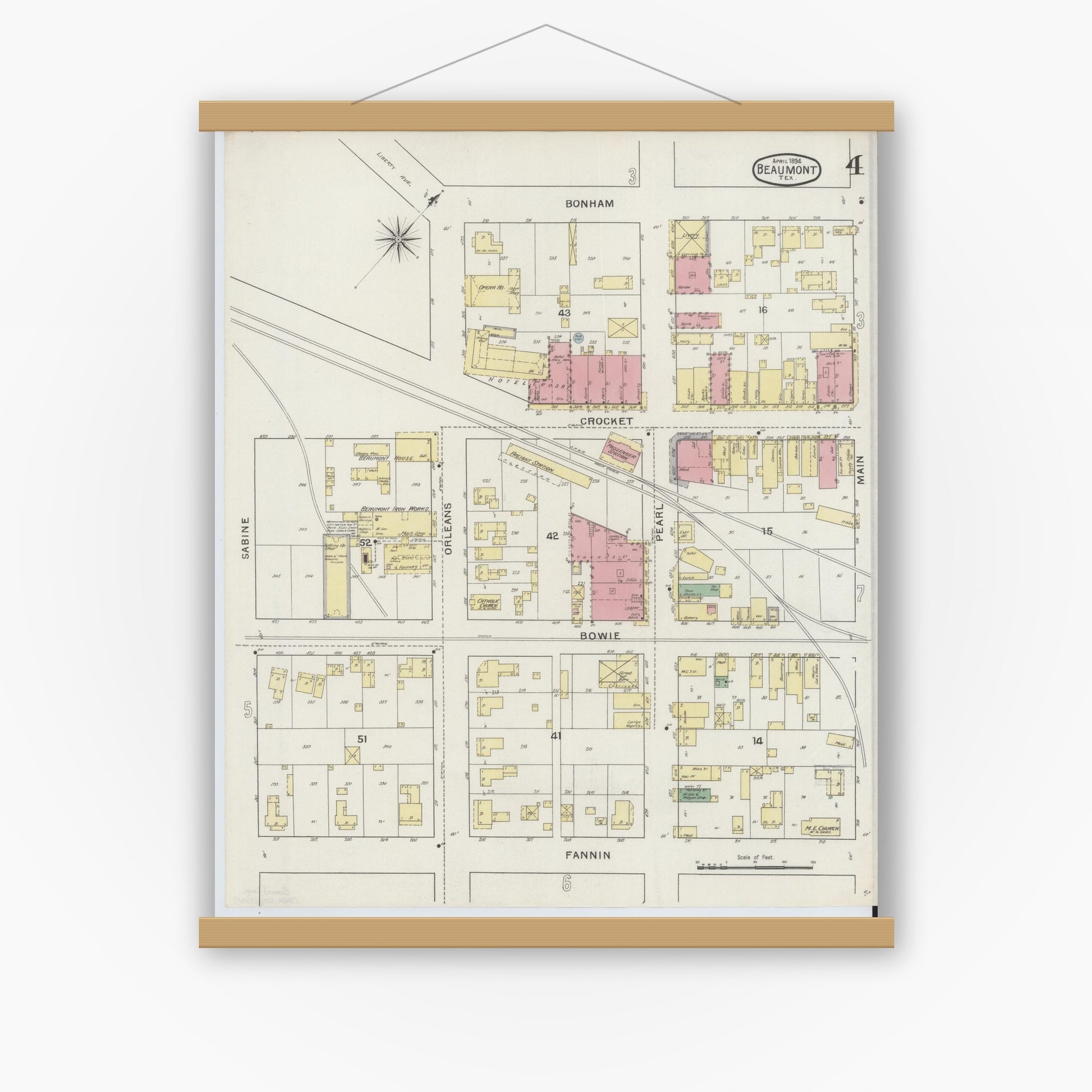 Old map wall art mockup — magnetic wood frame on white wall — Sanborn Fire Insurance Map from Beaumont, Jefferson County, Texas (1894), Sheet #0004