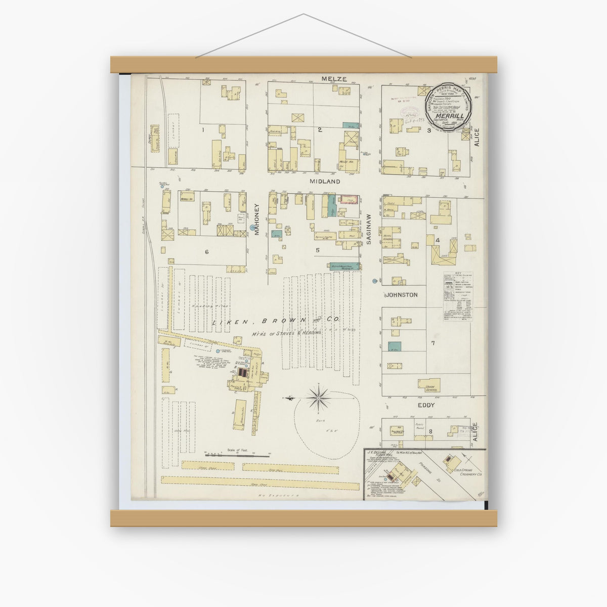 Old map wall art mockup — magnetic wood frame on white wall — Sanborn Fire Insurance Map from Merrill, Saginaw County, Michigan (1893), Sheet #0001