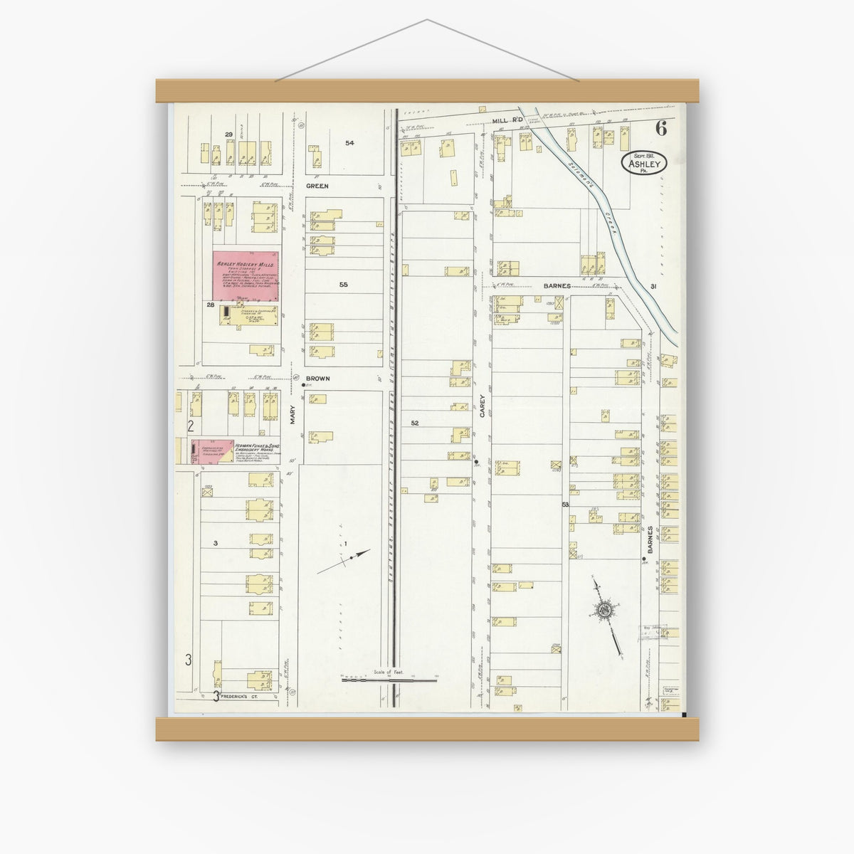 Old map wall art mockup — magnetic wood frame on white wall — Sanborn Fire Insurance Map from Ashley, Luzerne County, Pennsylvania (1911), Sheet #0006