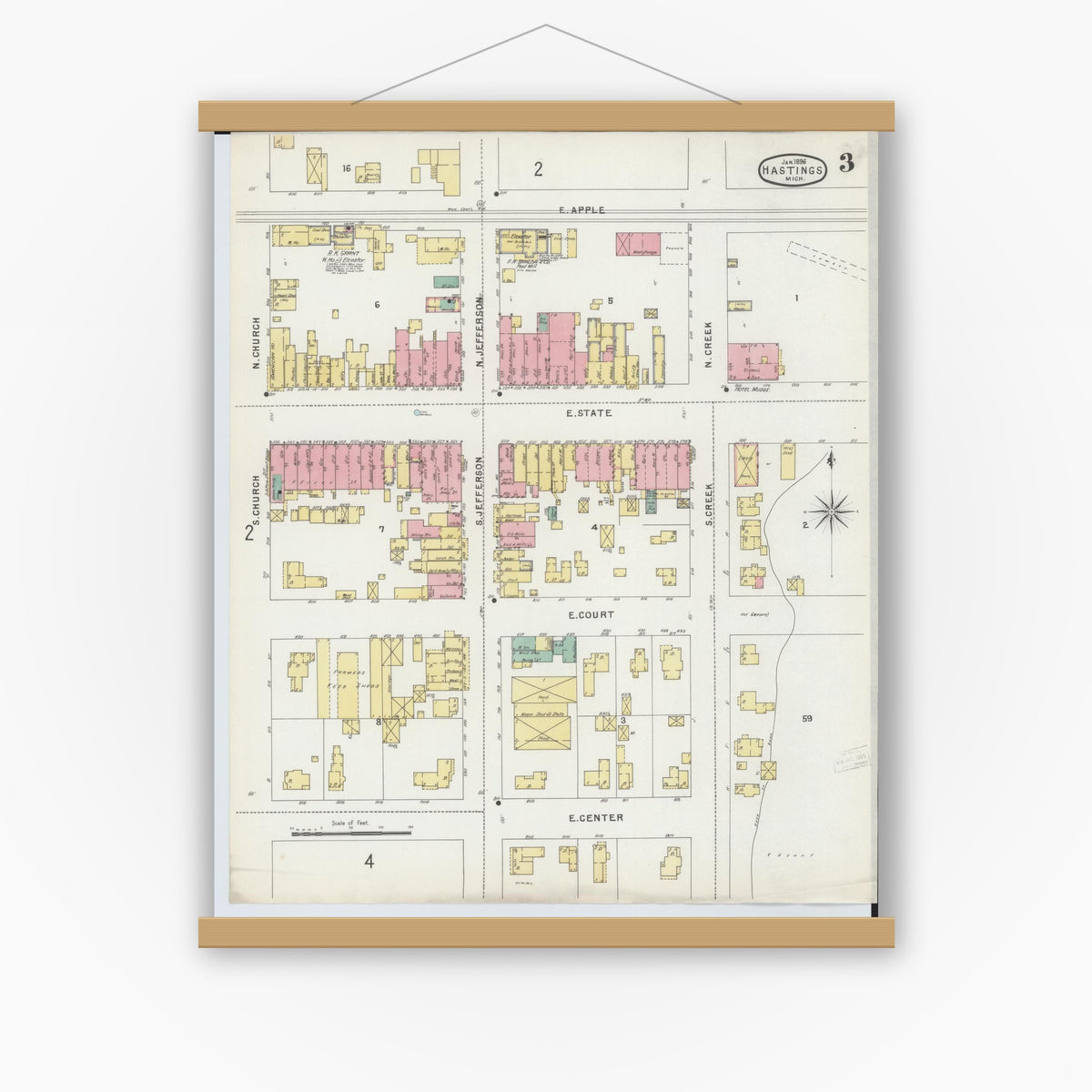 Old map wall art mockup — magnetic wood frame on white wall — Sanborn Fire Insurance Map from Hastings, Barry County, Michigan (1896), Sheet #0003