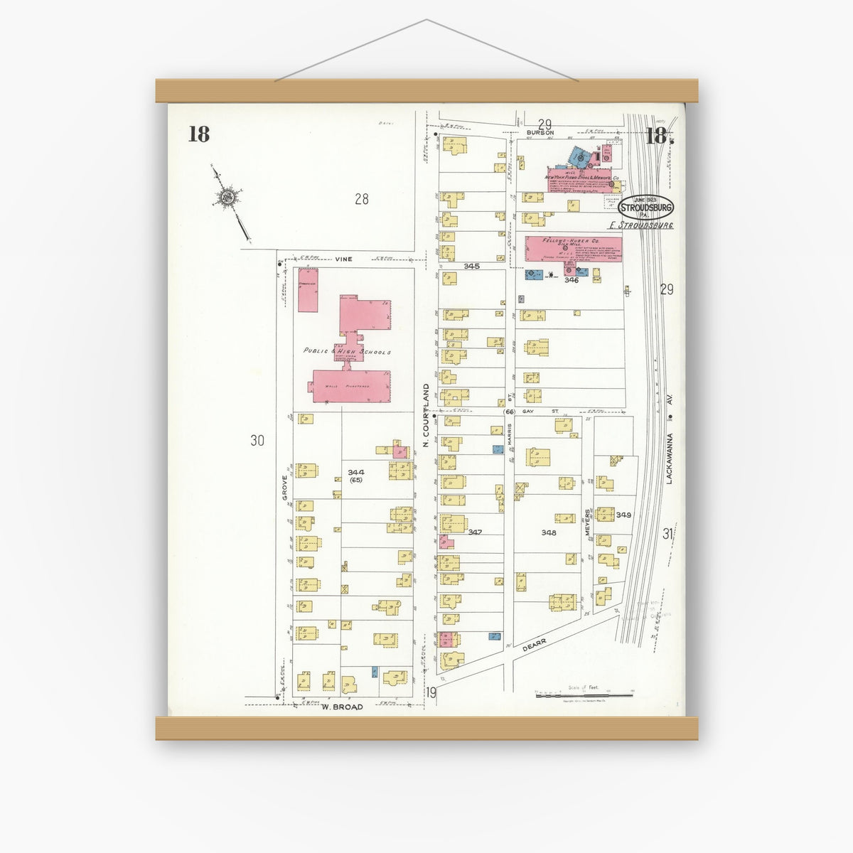 Old map wall art mockup — magnetic wood frame on white wall — Sanborn Fire Insurance Map from Stroudsburg, Monroe County, Pennsylvania (1923), Sheet #0018