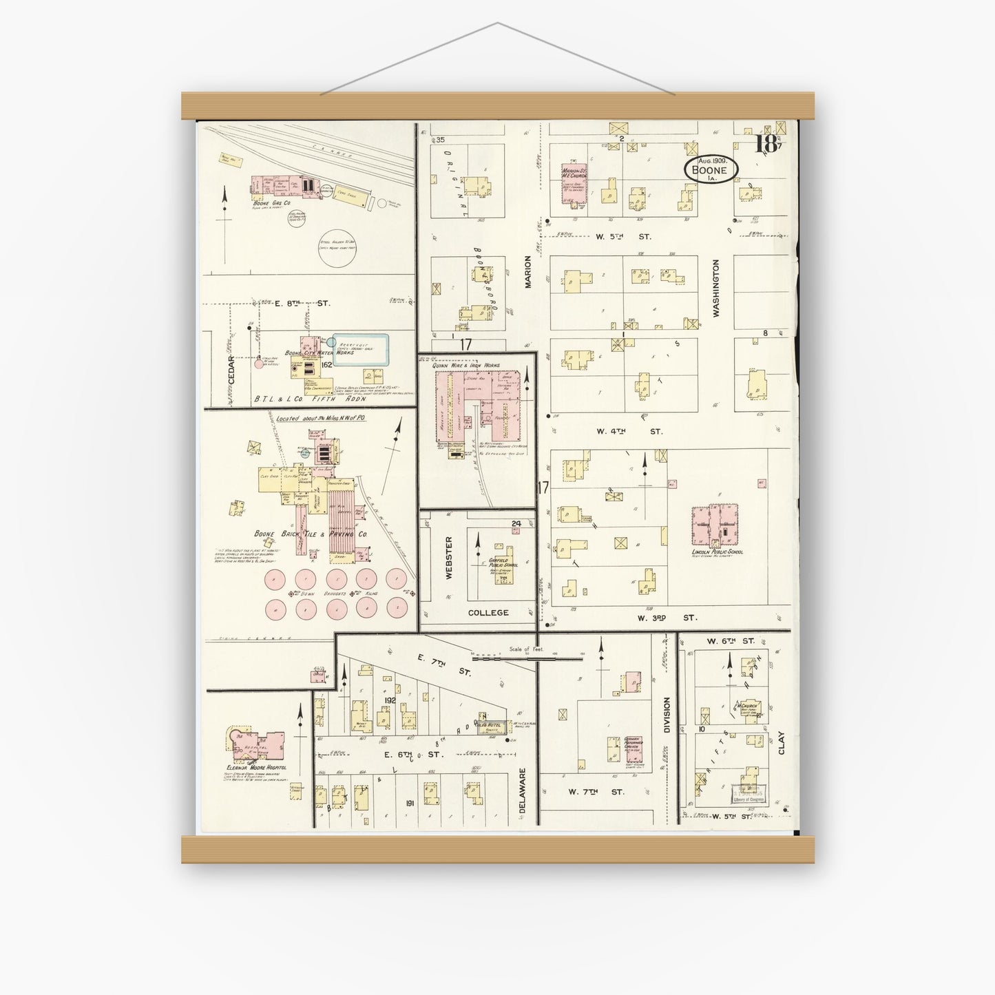 Old map wall art mockup — magnetic wood frame on white wall — Sanborn Fire Insurance Map from Boone, Boone County, Iowa (1909), Sheet #0018