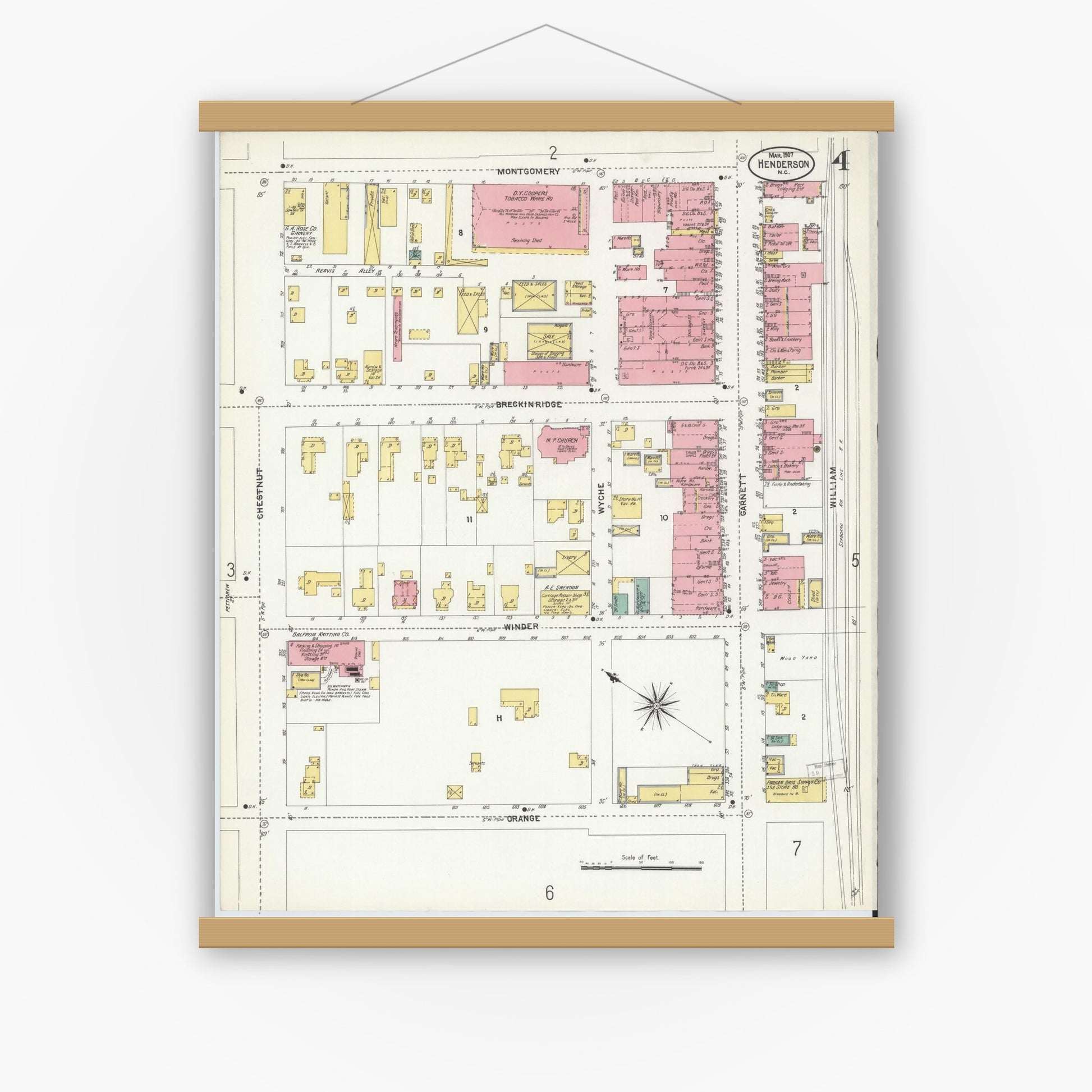 Old map wall art mockup — magnetic wood frame on white wall — Sanborn Fire Insurance Map from Henderson, Vance County, North Carolina (1907), Sheet #0004