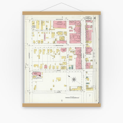 Old map wall art mockup — magnetic wood frame on white wall — Sanborn Fire Insurance Map from Henderson, Vance County, North Carolina (1907), Sheet #0004