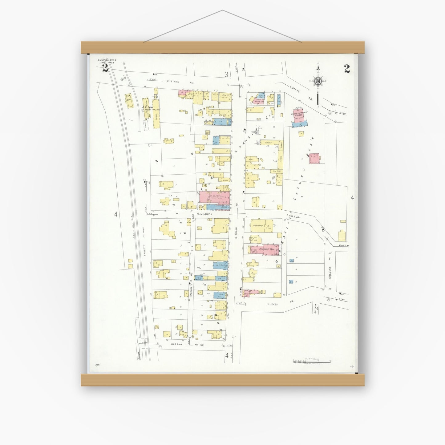 Old map wall art mockup — magnetic wood frame on white wall — Sanborn Fire Insurance Map from Cleves, Hamilton County, Ohio (1938), Sheet #0002