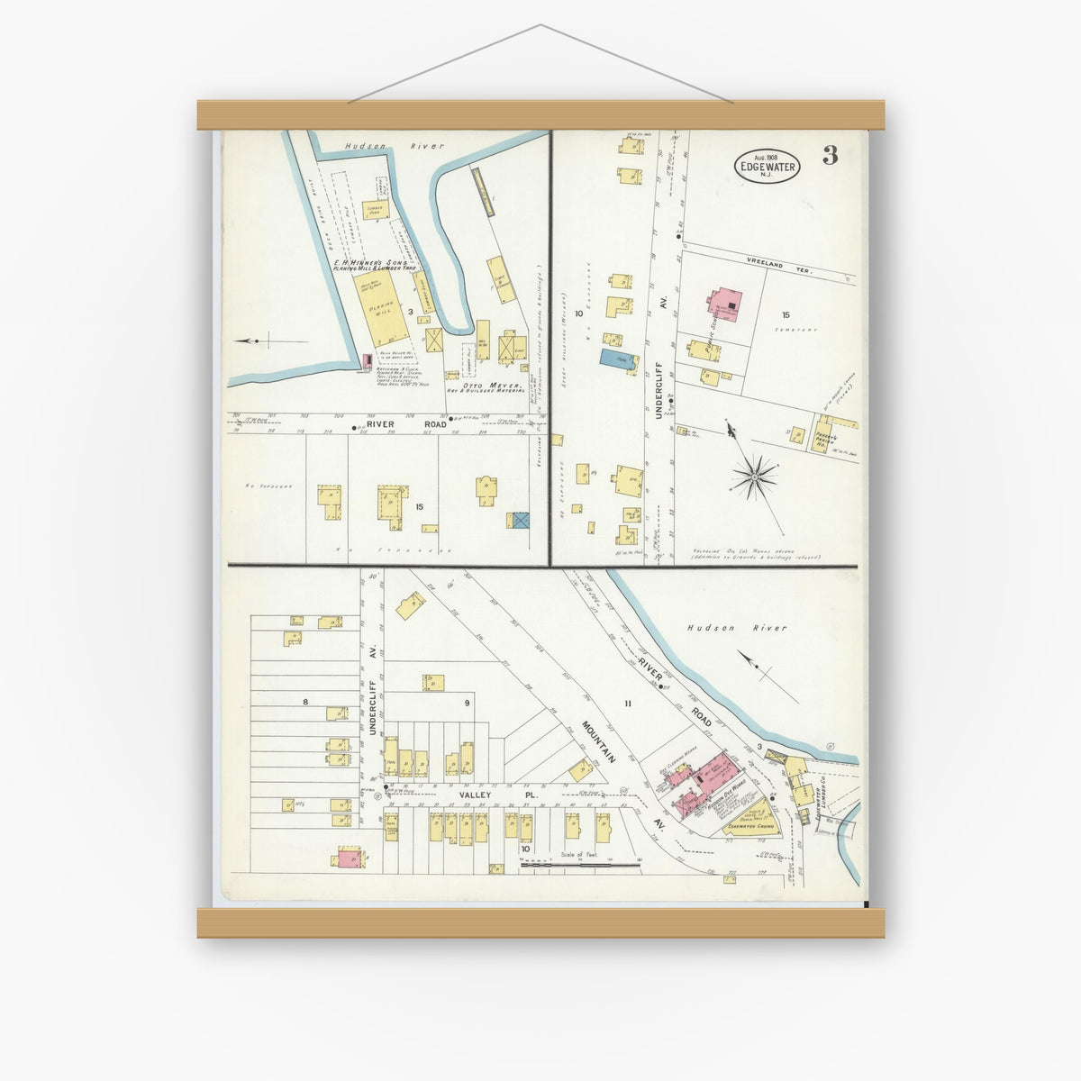 Old map wall art mockup — magnetic wood frame on white wall — Sanborn Fire Insurance Map from Edgewater, Bergen County, New Jersey (1908), Sheet #0003