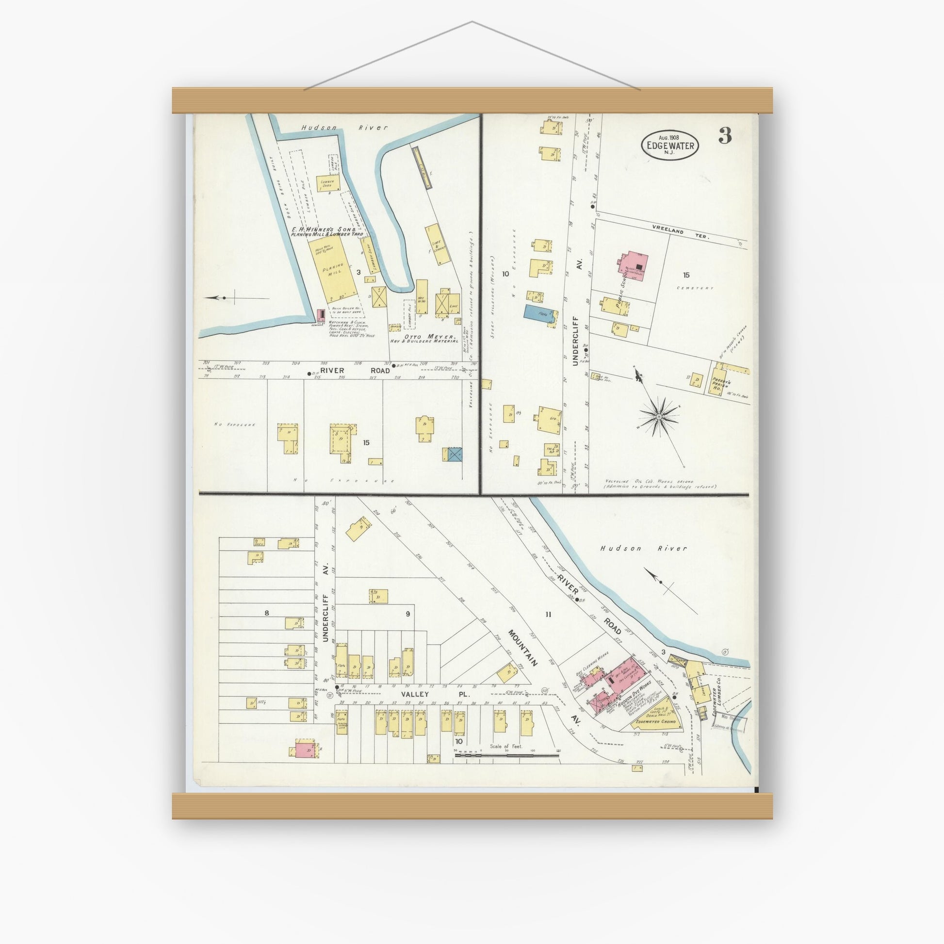 Old map wall art mockup — magnetic wood frame on white wall — Sanborn Fire Insurance Map from Edgewater, Bergen County, New Jersey (1908), Sheet #0003