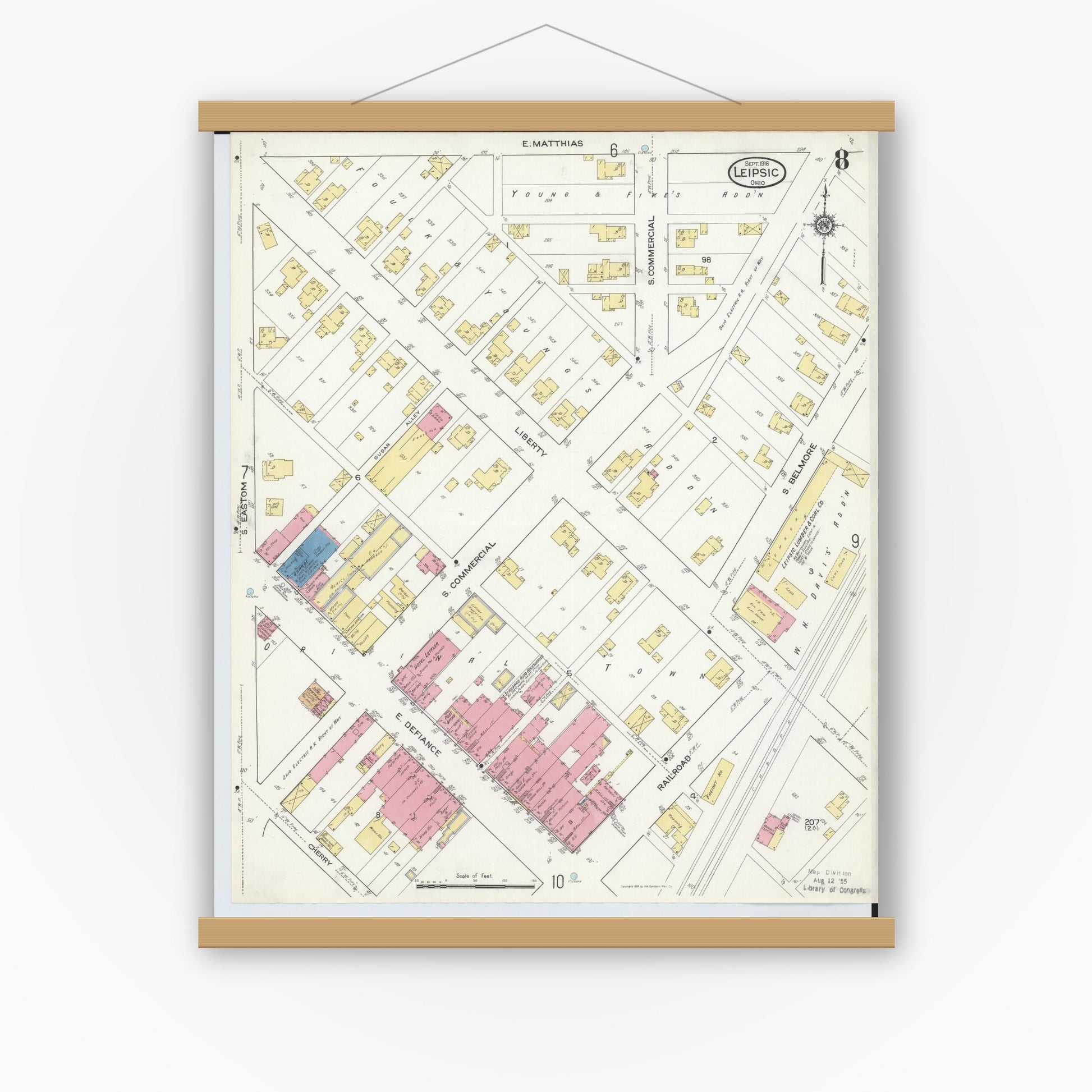 Old map wall art mockup — magnetic wood frame on white wall — Sanborn Fire Insurance Map from Leipsic, Putnam County, Ohio (1916), Sheet #0008