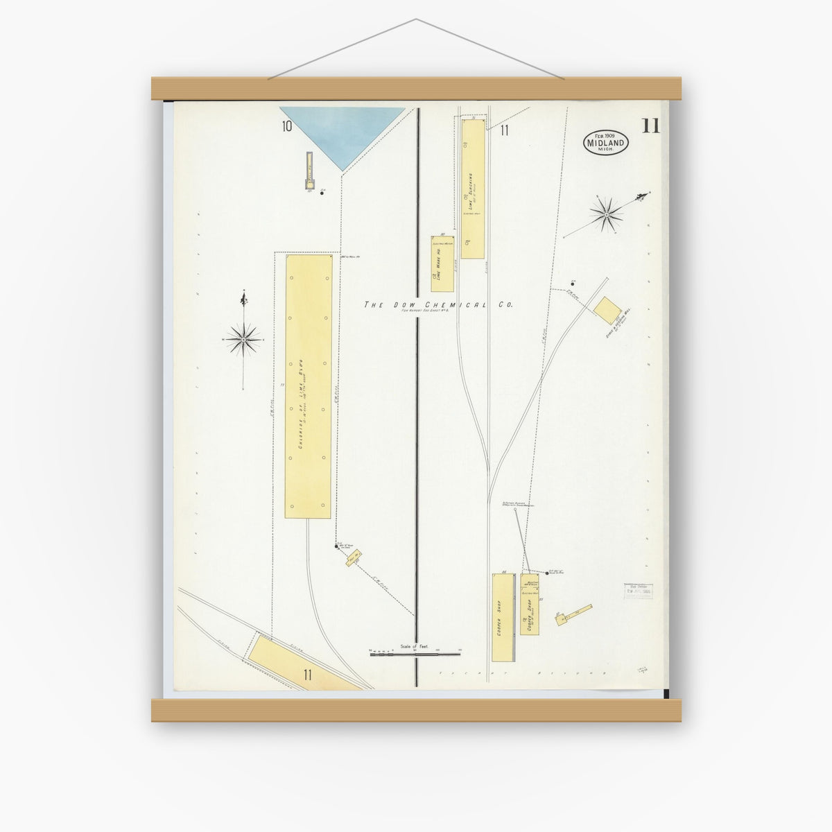 Old map wall art mockup — magnetic wood frame on white wall — Sanborn Fire Insurance Map from Midland, Midland County, Michigan (1909), Sheet #0011