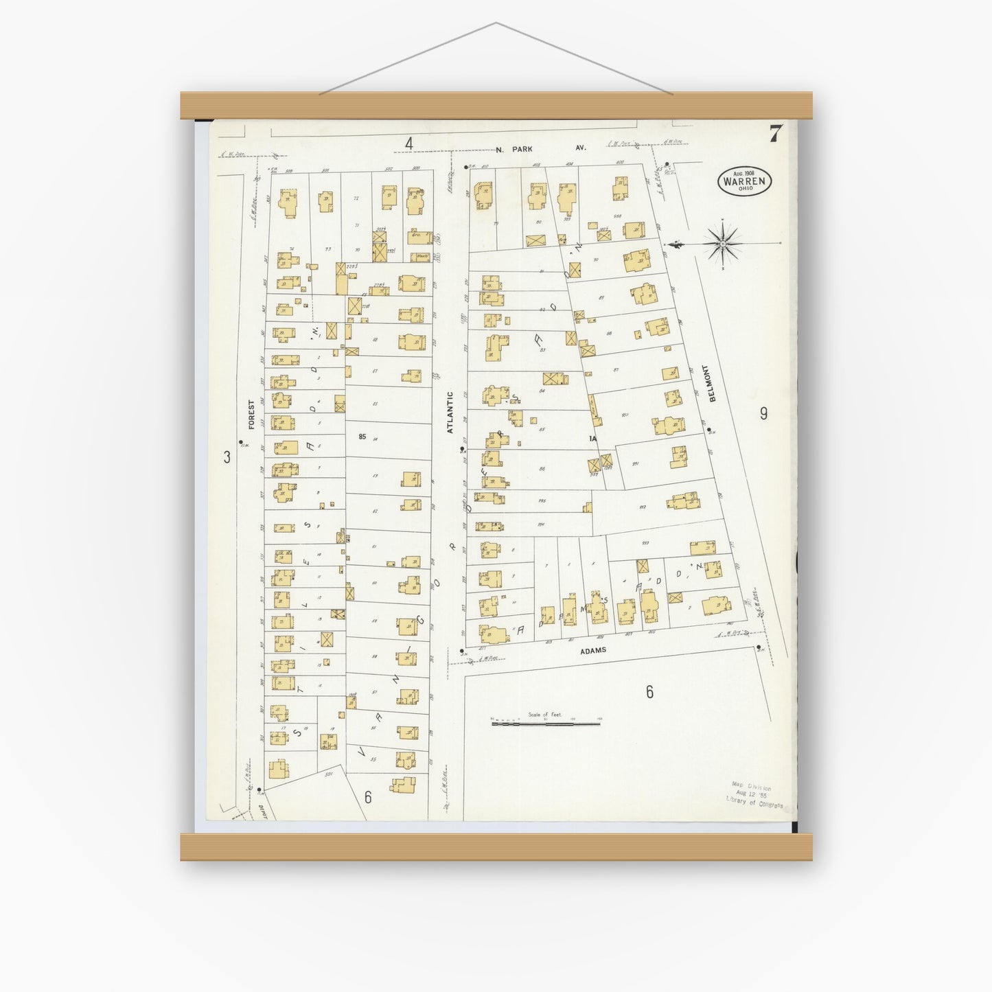 Old map wall art mockup — magnetic wood frame on white wall — Sanborn Fire Insurance Map from Warren, Trumbull County, Ohio (1908), Sheet #0007
