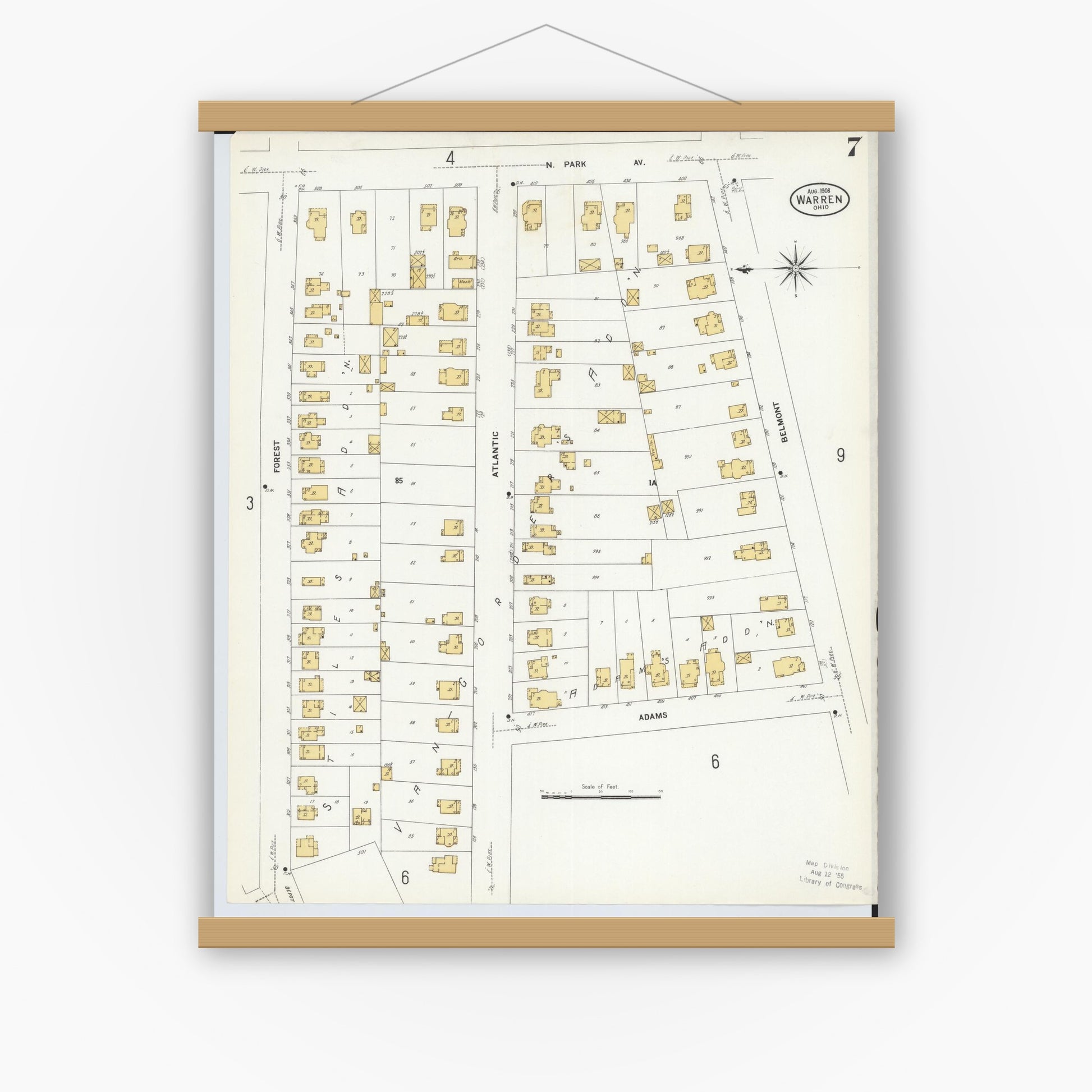 Old map wall art mockup — magnetic wood frame on white wall — Sanborn Fire Insurance Map from Warren, Trumbull County, Ohio (1908), Sheet #0007