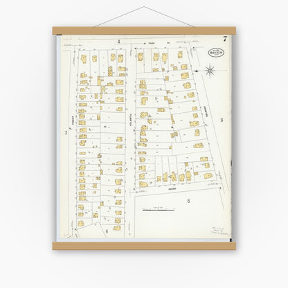 Old map wall art mockup — magnetic wood frame on white wall — Sanborn Fire Insurance Map from Warren, Trumbull County, Ohio (1908), Sheet #0007