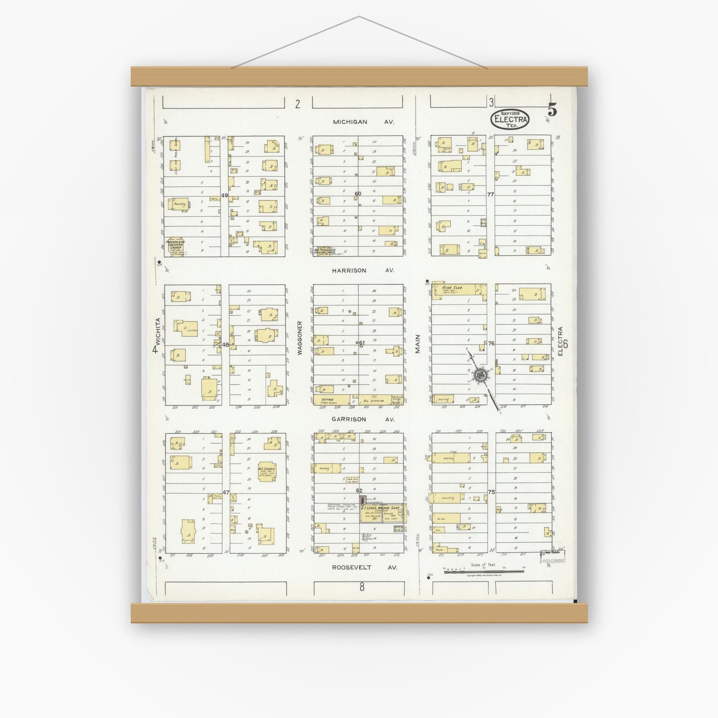 Old map wall art mockup — magnetic wood frame on white wall — Sanborn Fire Insurance Map from Electra, Wichita County, Texas (1919), Sheet #0005