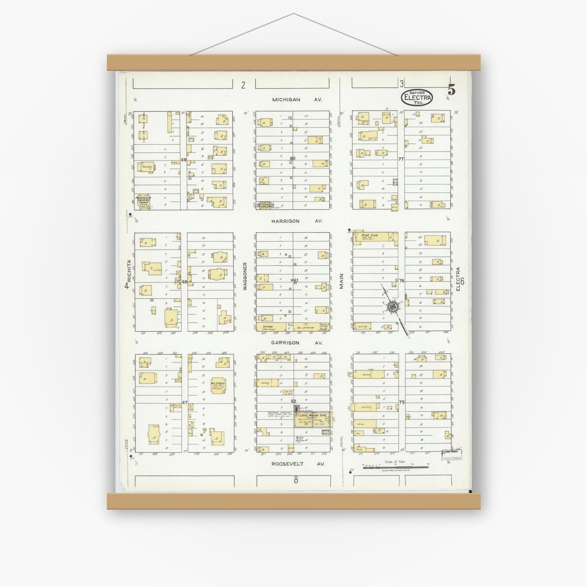 Old map wall art mockup — magnetic wood frame on white wall — Sanborn Fire Insurance Map from Electra, Wichita County, Texas (1919), Sheet #0005