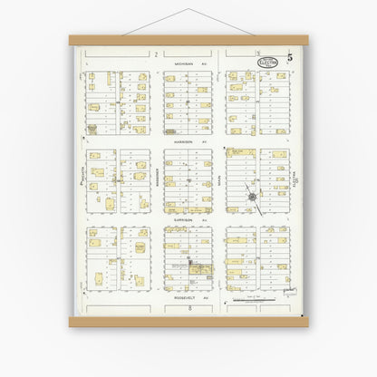 Old map wall art mockup — magnetic wood frame on white wall — Sanborn Fire Insurance Map from Electra, Wichita County, Texas (1919), Sheet #0005