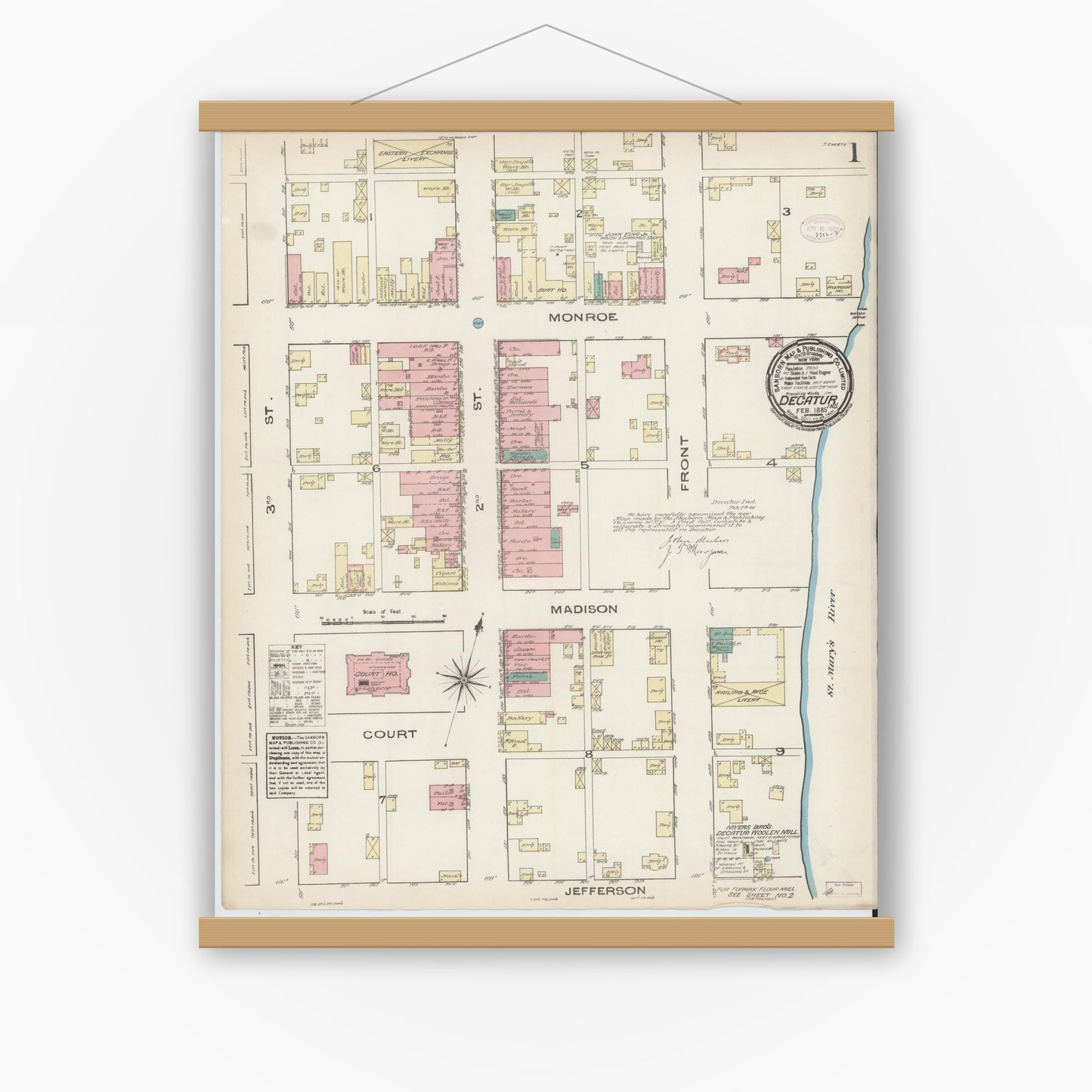 Old map wall art mockup — magnetic wood frame on white wall — Sanborn Fire Insurance Map from Decatur, Adams County, Indiana (1885) - Complete Map Set
