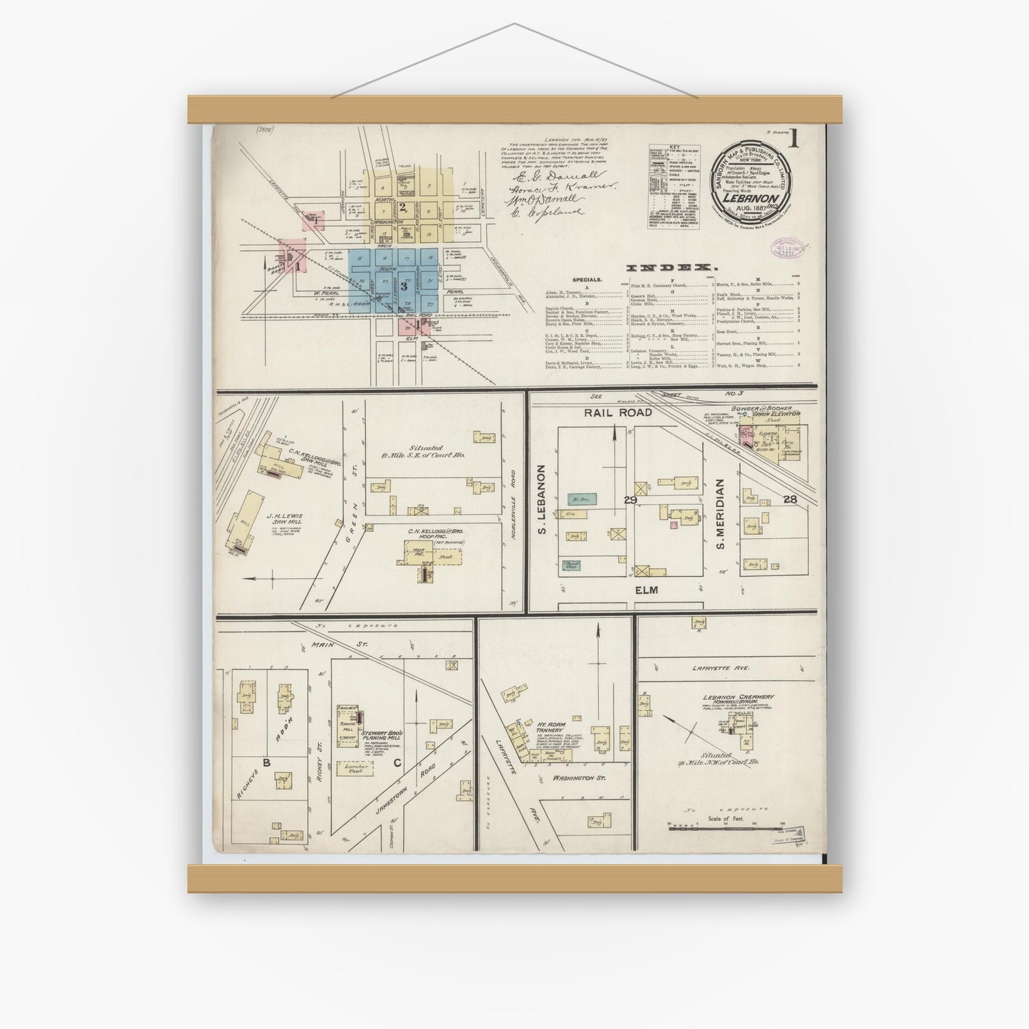 Old map wall art mockup — magnetic wood frame on white wall — Sanborn Fire Insurance Map from Lebanon, Boone County, Indiana (1887) - Complete Map Set