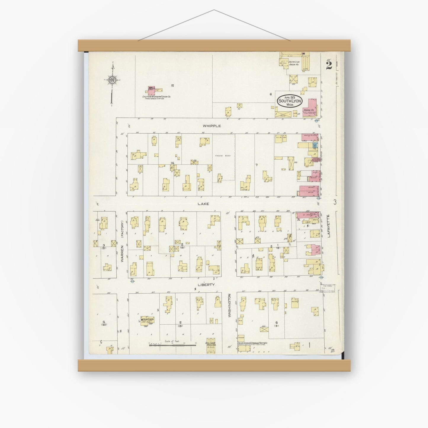Old map wall art mockup — magnetic wood frame on white wall — Sanborn Fire Insurance Map from South Lyon, Oakland County, Michigan (1913), Sheet #0002