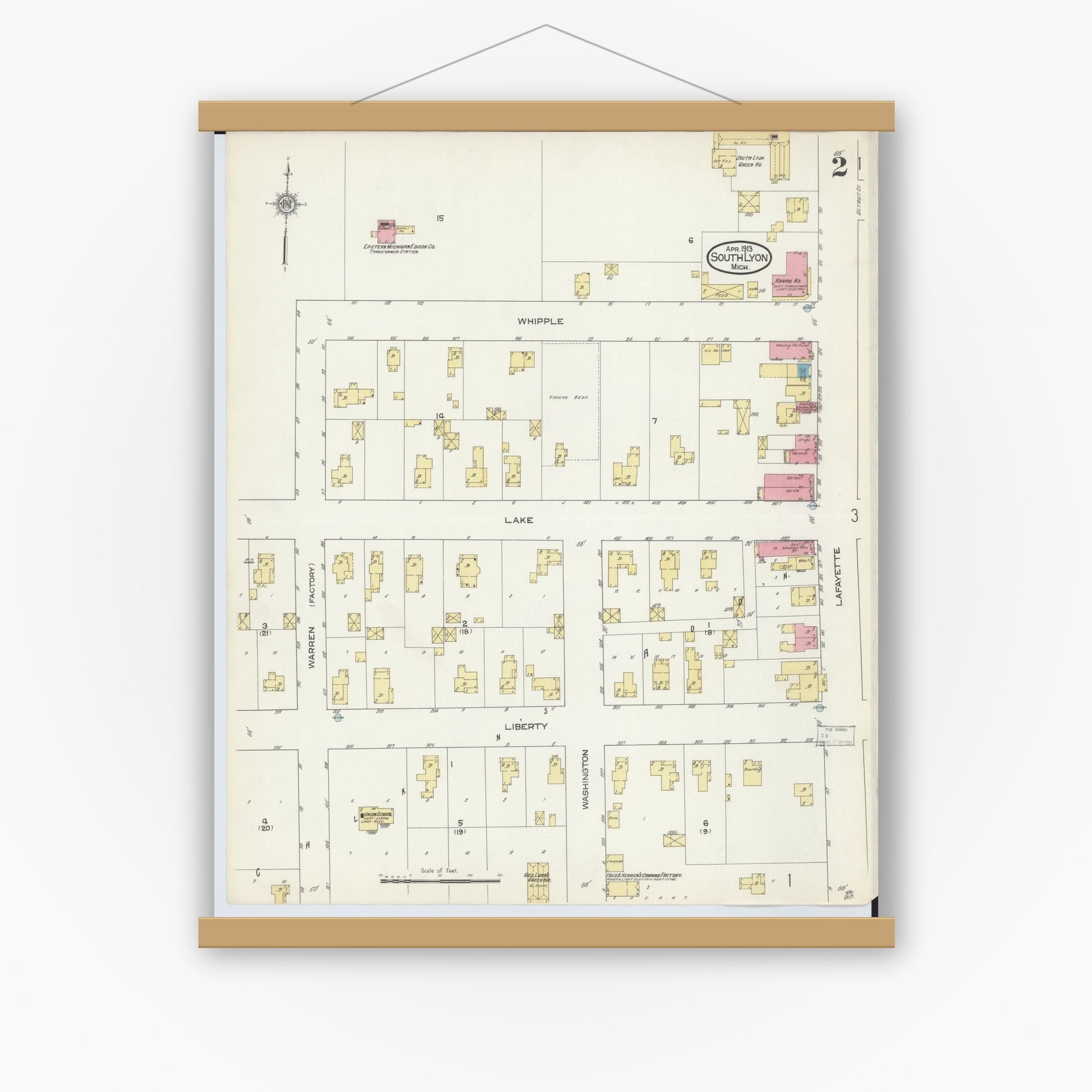 Old map wall art mockup — magnetic wood frame on white wall — Sanborn Fire Insurance Map from South Lyon, Oakland County, Michigan (1913), Sheet #0002
