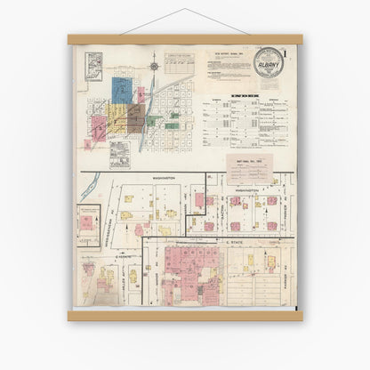 Old map wall art mockup — magnetic wood frame on white wall — Sanborn Fire Insurance Map from Albany, Delaware County, Indiana (1943), Sheet #0001