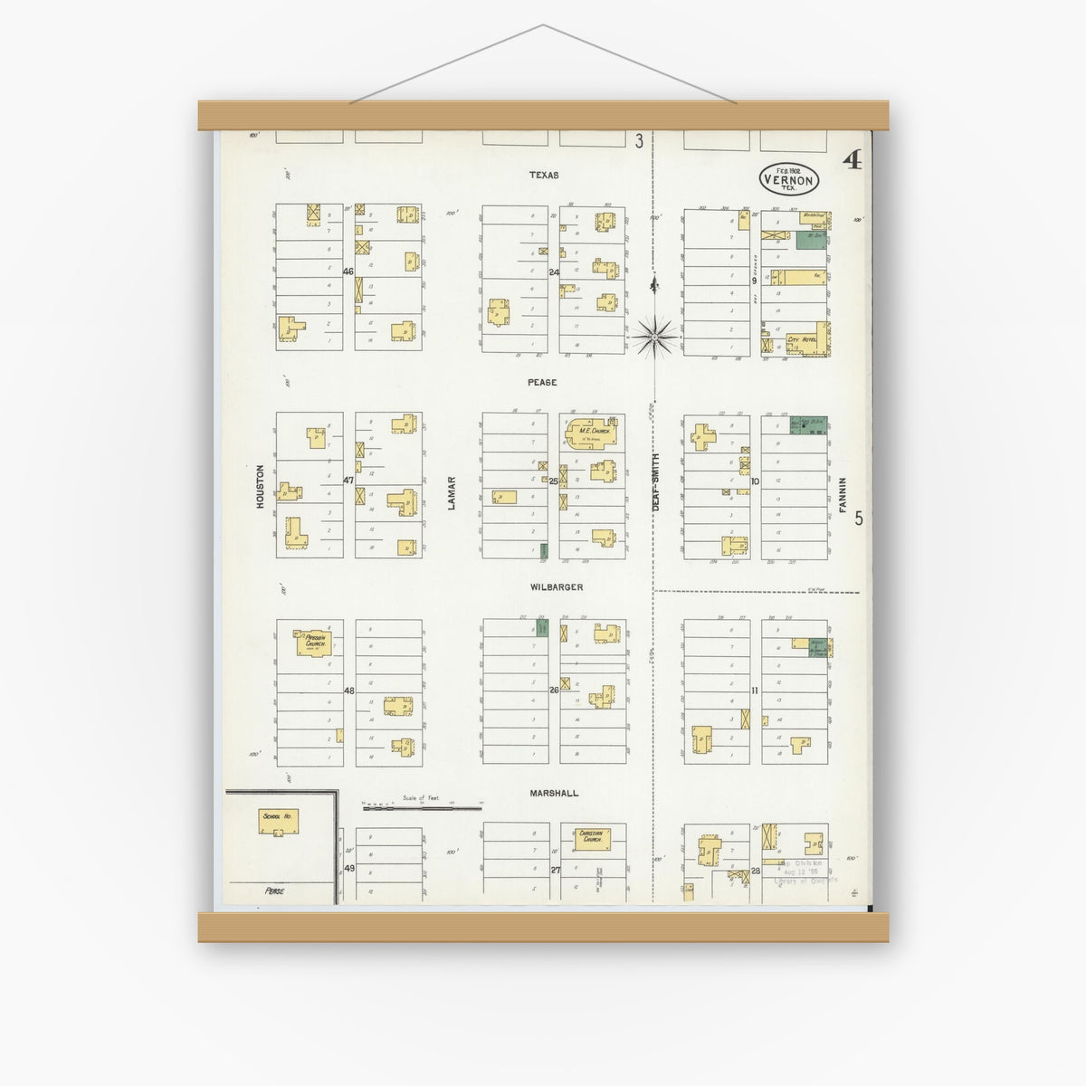 Old map wall art mockup — magnetic wood frame on white wall — Sanborn Fire Insurance Map from Vernon, Wilbarger County, Texas (1902), Sheet #0004