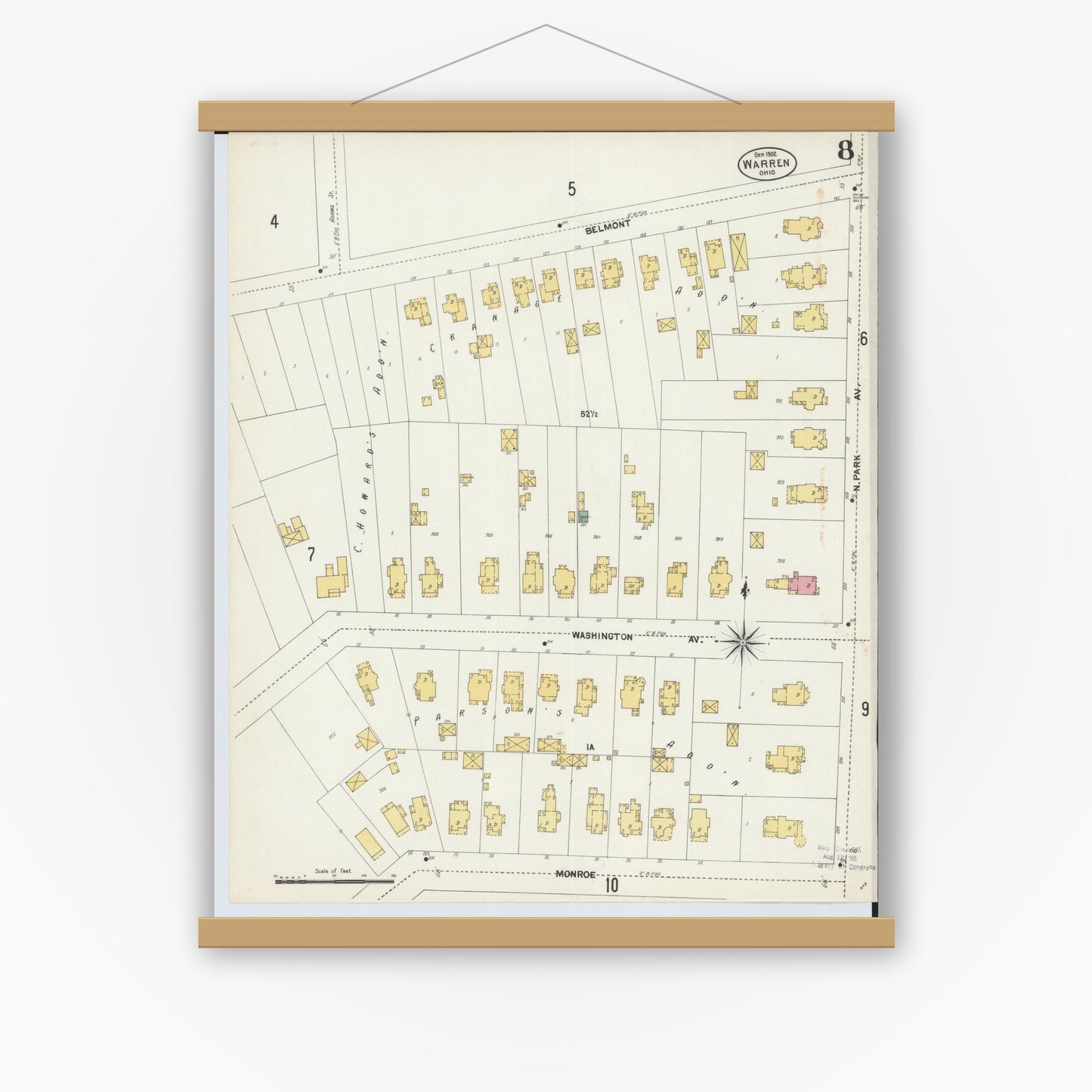 Old map wall art mockup — magnetic wood frame on white wall — Sanborn Fire Insurance Map from Warren, Trumbull County, Ohio (1902), Sheet #0008