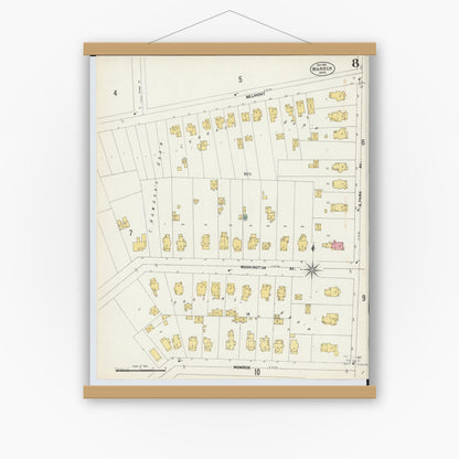 Old map wall art mockup — magnetic wood frame on white wall — Sanborn Fire Insurance Map from Warren, Trumbull County, Ohio (1902), Sheet #0008