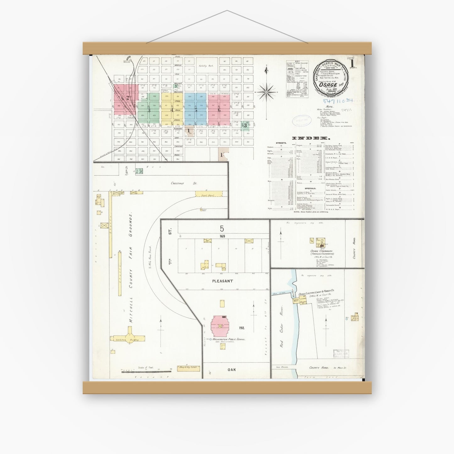Old map wall art mockup — magnetic wood frame on white wall — Sanborn Fire Insurance Map from Osage, Mitchell County, Iowa (1897) â€” Complete Set