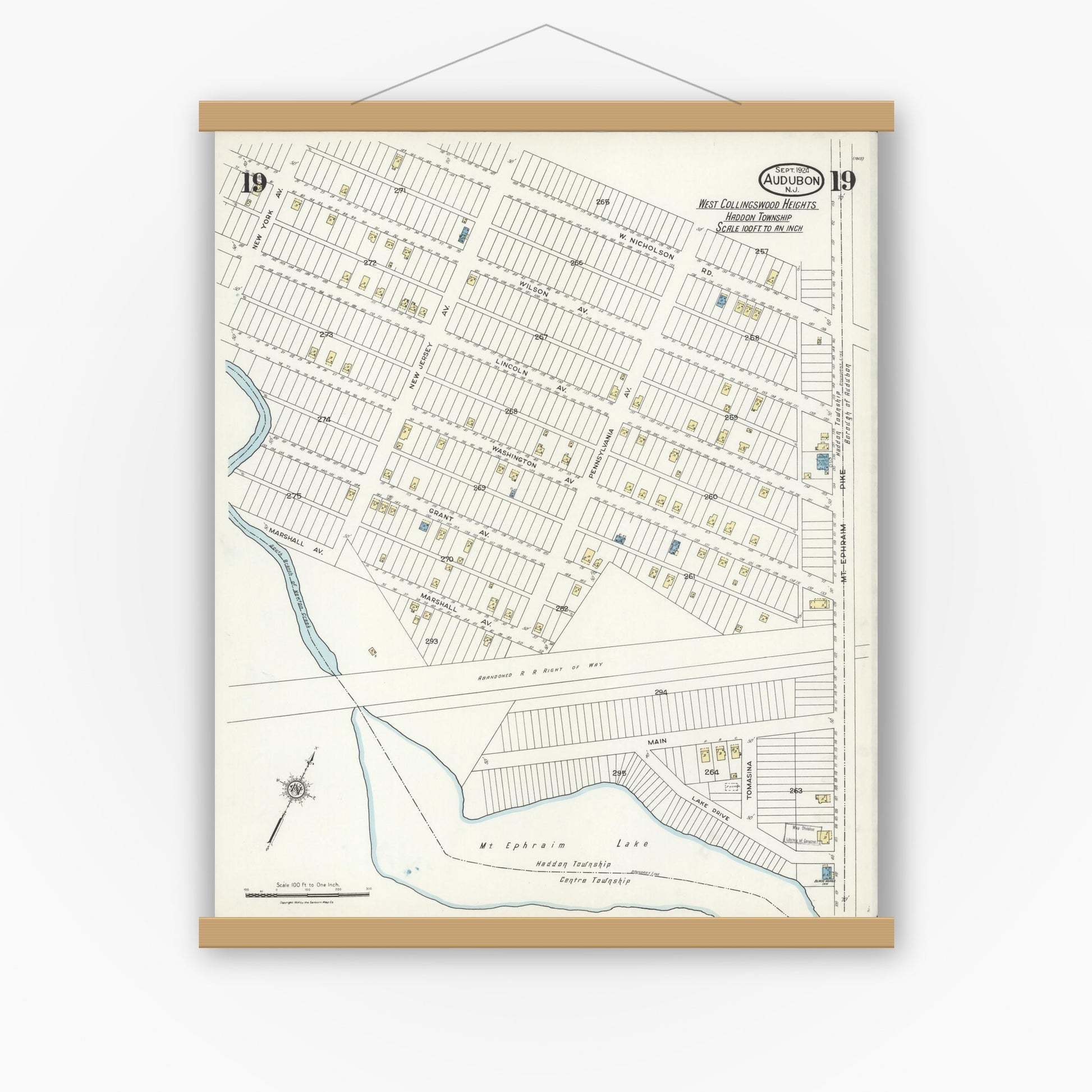 Old map wall art mockup — magnetic wood frame on white wall — Sanborn Fire Insurance Map from Audubon, Camden County, New Jersey (1924), Sheet #0019