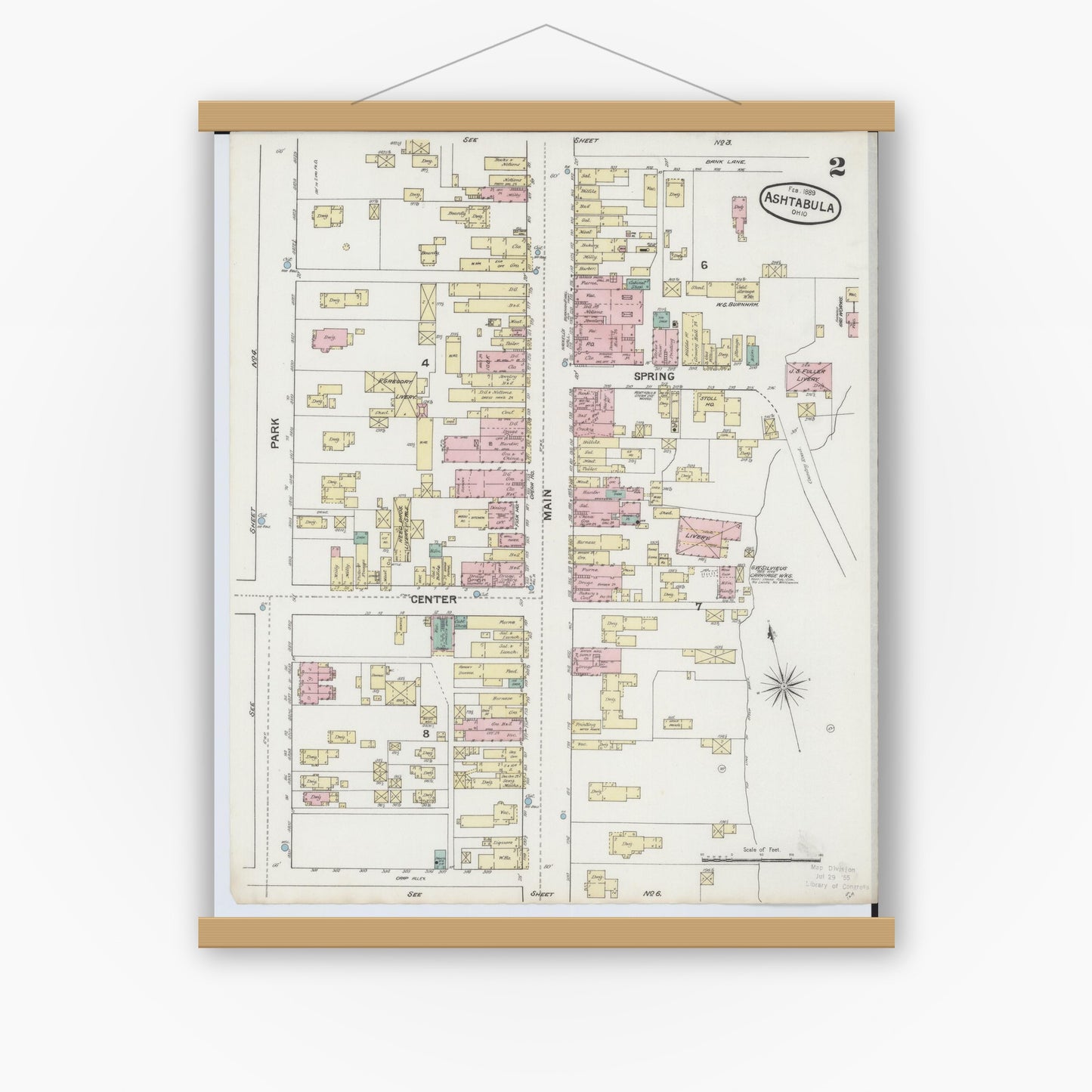 Old map wall art mockup — magnetic wood frame on white wall — Sanborn Fire Insurance Map from Ashtabula, Ashtabula County, Ohio (1889), Sheet #0002