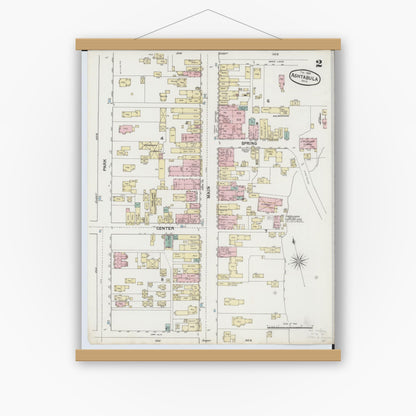 Old map wall art mockup — magnetic wood frame on white wall — Sanborn Fire Insurance Map from Ashtabula, Ashtabula County, Ohio (1889), Sheet #0002