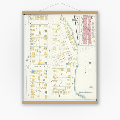 Old map wall art mockup — magnetic wood frame on white wall — Sanborn Fire Insurance Map from Beloit, Rock County, Wisconsin (1915), Sheet #0013
