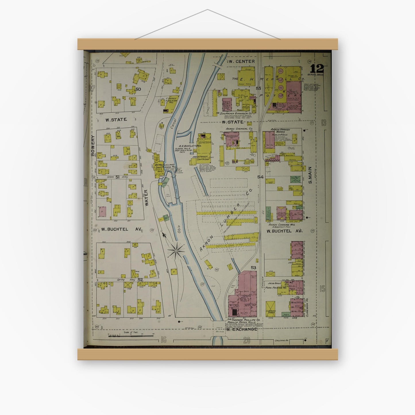Old map wall art mockup — magnetic wood frame on white wall — Sanborn Fire Insurance Map from Akron, Summit County, Ohio (1892), Sheet #0012
