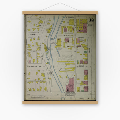 Old map wall art mockup — magnetic wood frame on white wall — Sanborn Fire Insurance Map from Akron, Summit County, Ohio (1892), Sheet #0012