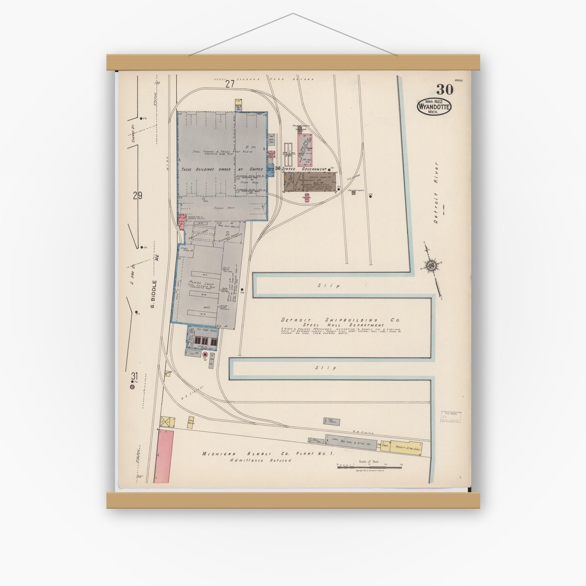 Old map wall art mockup — magnetic wood frame on white wall — Sanborn Fire Insurance Map from Wyandotte, Wayne County, Michigan (1922), Sheet #0030