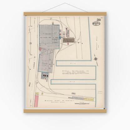 Old map wall art mockup — magnetic wood frame on white wall — Sanborn Fire Insurance Map from Wyandotte, Wayne County, Michigan (1922), Sheet #0030