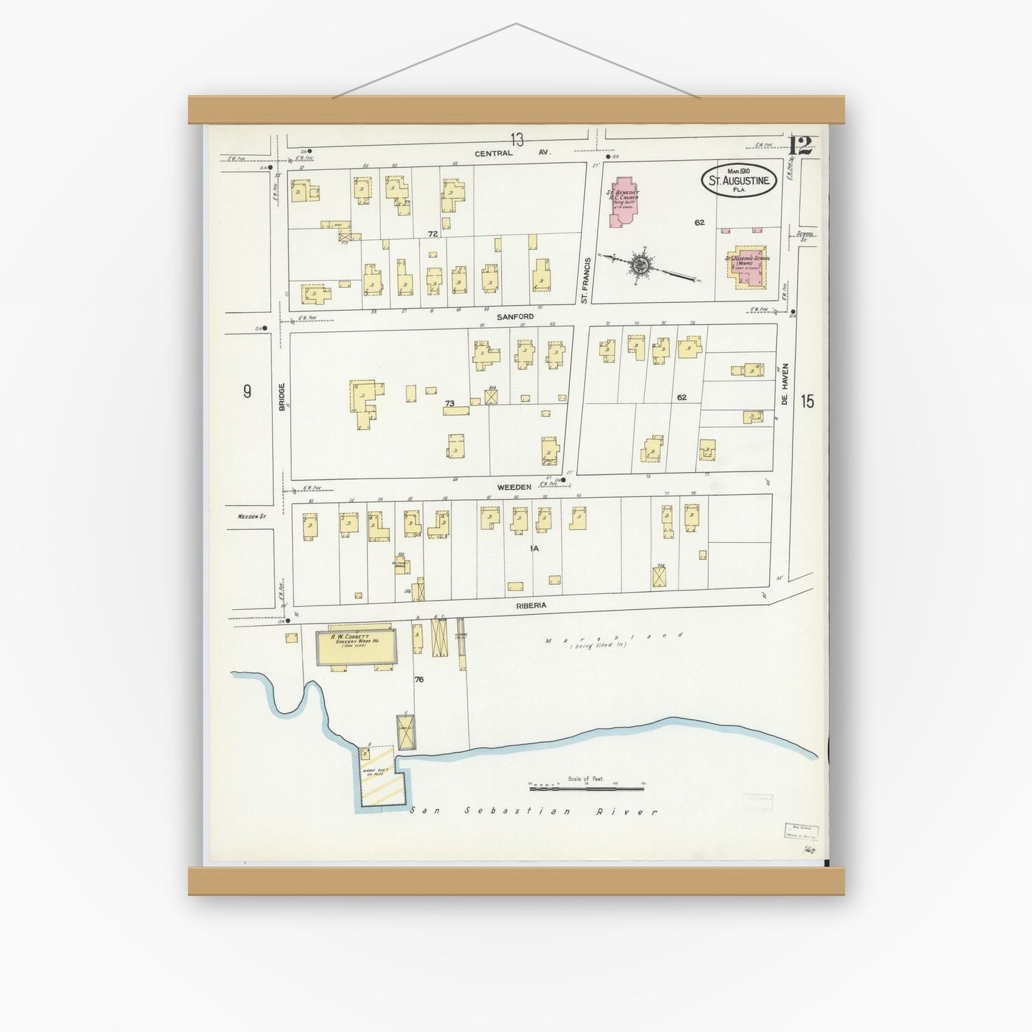 Old map wall art mockup — magnetic wood frame on white wall — Sanborn Fire Insurance Map from Saint Augustine, Saint John's County, Florida (1910), Sheet #0012