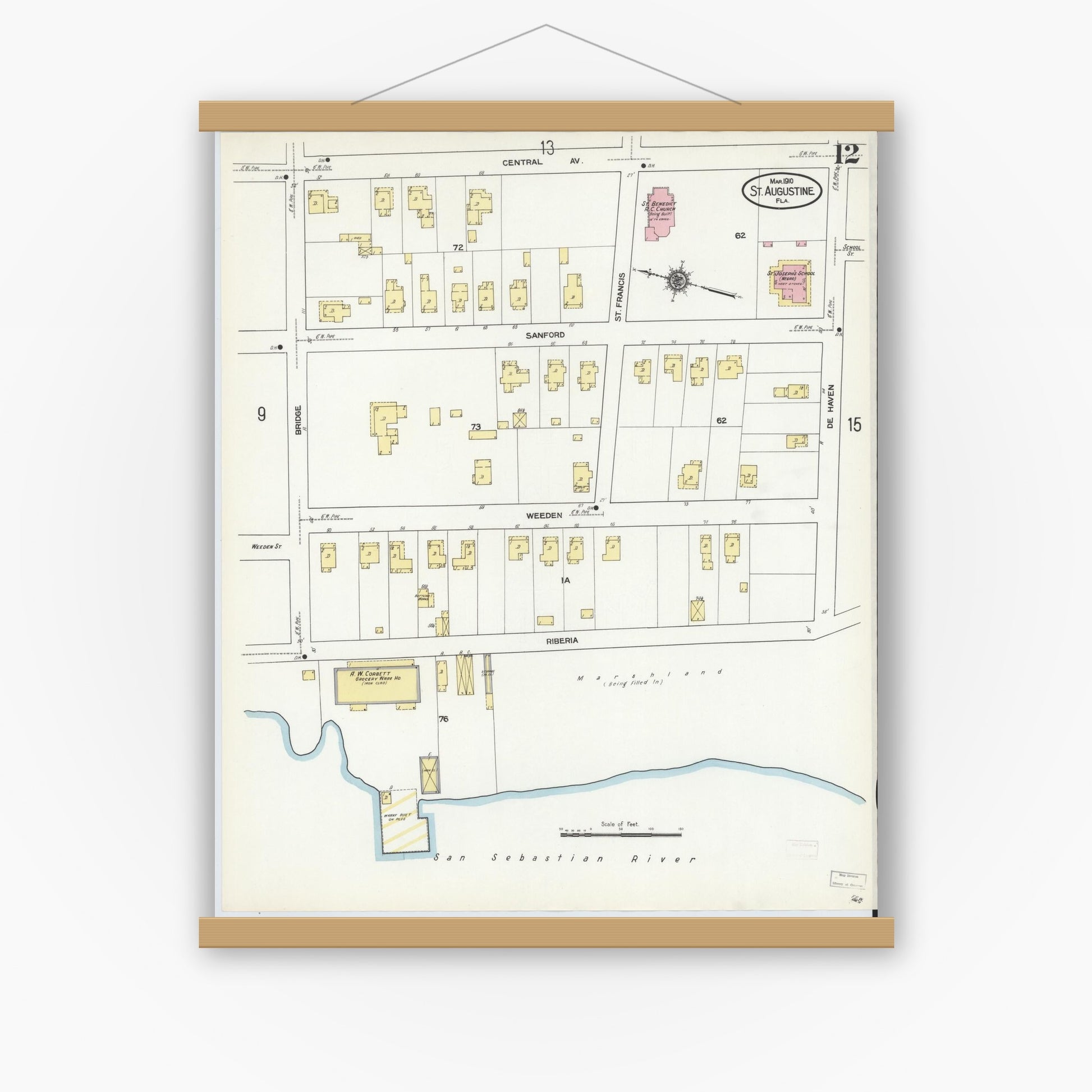Old map wall art mockup — magnetic wood frame on white wall — Sanborn Fire Insurance Map from Saint Augustine, Saint John's County, Florida (1910), Sheet #0012