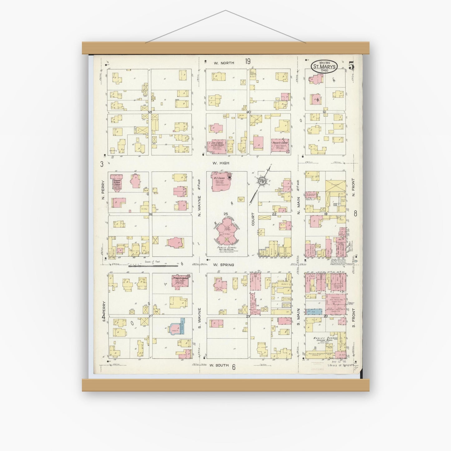 Old map wall art mockup — magnetic wood frame on white wall — Sanborn Fire Insurance Map from Saint Marys, Auglaize County, Ohio (1914), Sheet #0005