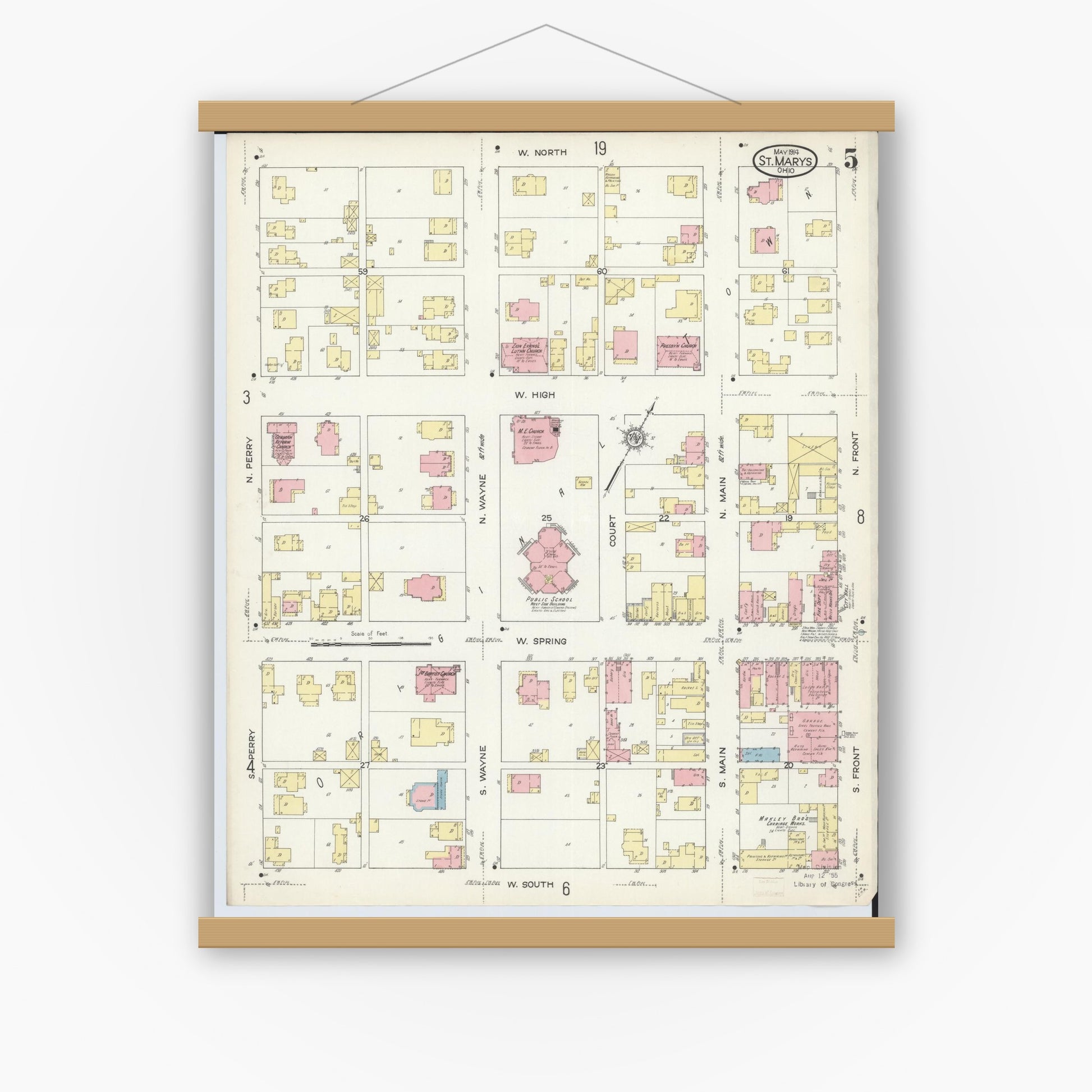 Old map wall art mockup — magnetic wood frame on white wall — Sanborn Fire Insurance Map from Saint Marys, Auglaize County, Ohio (1914), Sheet #0005
