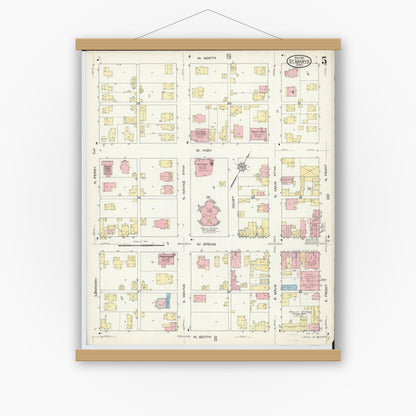 Old map wall art mockup — magnetic wood frame on white wall — Sanborn Fire Insurance Map from Saint Marys, Auglaize County, Ohio (1914), Sheet #0005