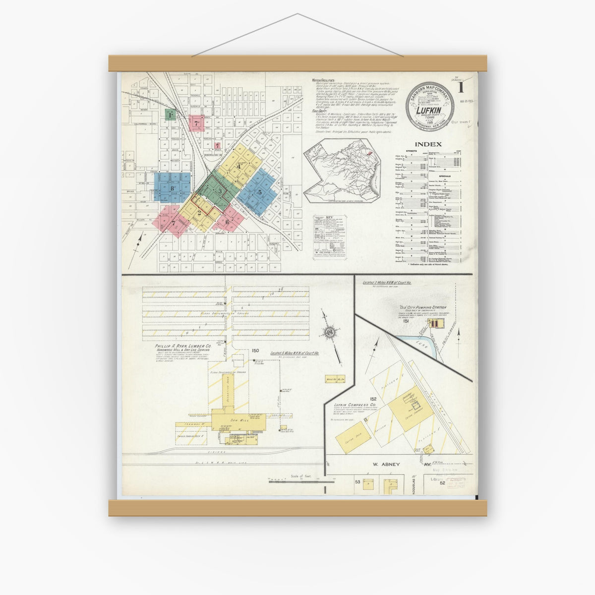 Old map wall art mockup — magnetic wood frame on white wall — Sanborn Fire Insurance Map from Lufkin, Angelina County, Texas (1915) - Complete Map Set