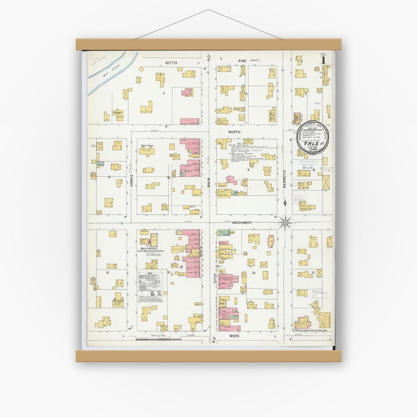 Old map wall art mockup — magnetic wood frame on white wall — Sanborn Fire Insurance Map from Yale, Saint Clair County, Michigan (1900) - Complete Map Set