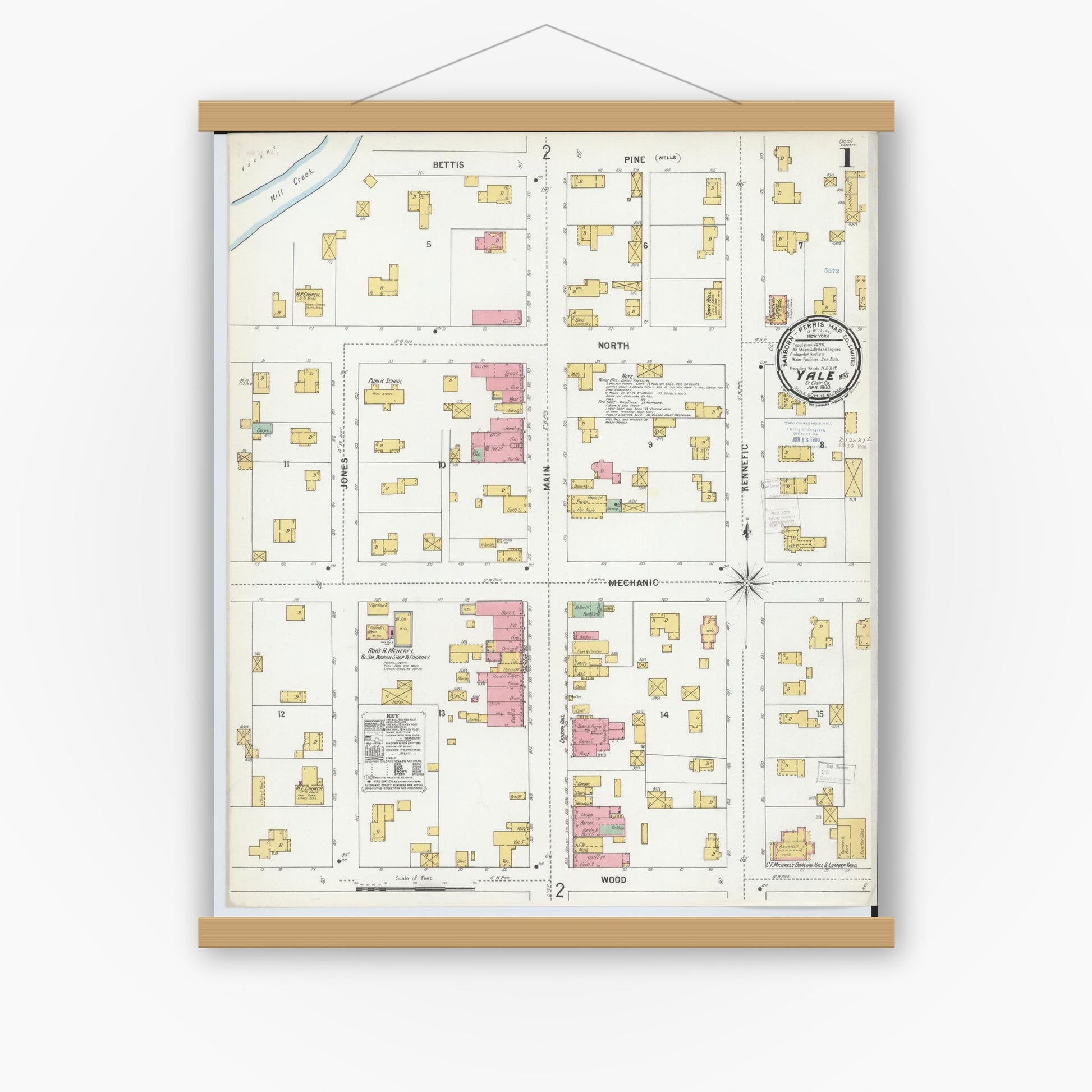 Old map wall art mockup — magnetic wood frame on white wall — Sanborn Fire Insurance Map from Yale, Saint Clair County, Michigan (1900) - Complete Map Set