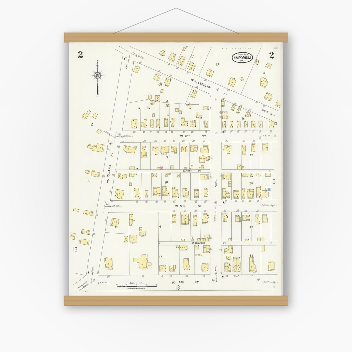 Old map wall art mockup — magnetic wood frame on white wall — Sanborn Fire Insurance Map from Emporium, Cameron County, Pennsylvania (1925), Sheet #0002