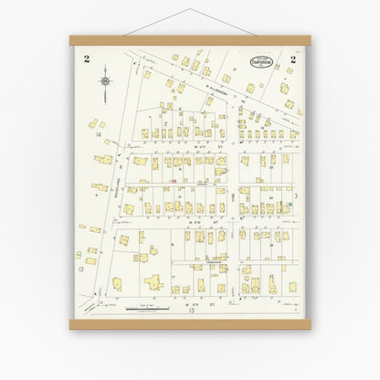 Old map wall art mockup — magnetic wood frame on white wall — Sanborn Fire Insurance Map from Emporium, Cameron County, Pennsylvania (1925), Sheet #0002
