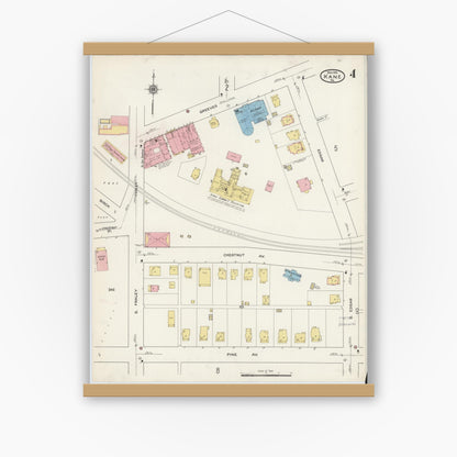 Old map wall art mockup — magnetic wood frame on white wall — Sanborn Fire Insurance Map from Kane, McKean County, Pennsylvania (1915), Sheet #0004