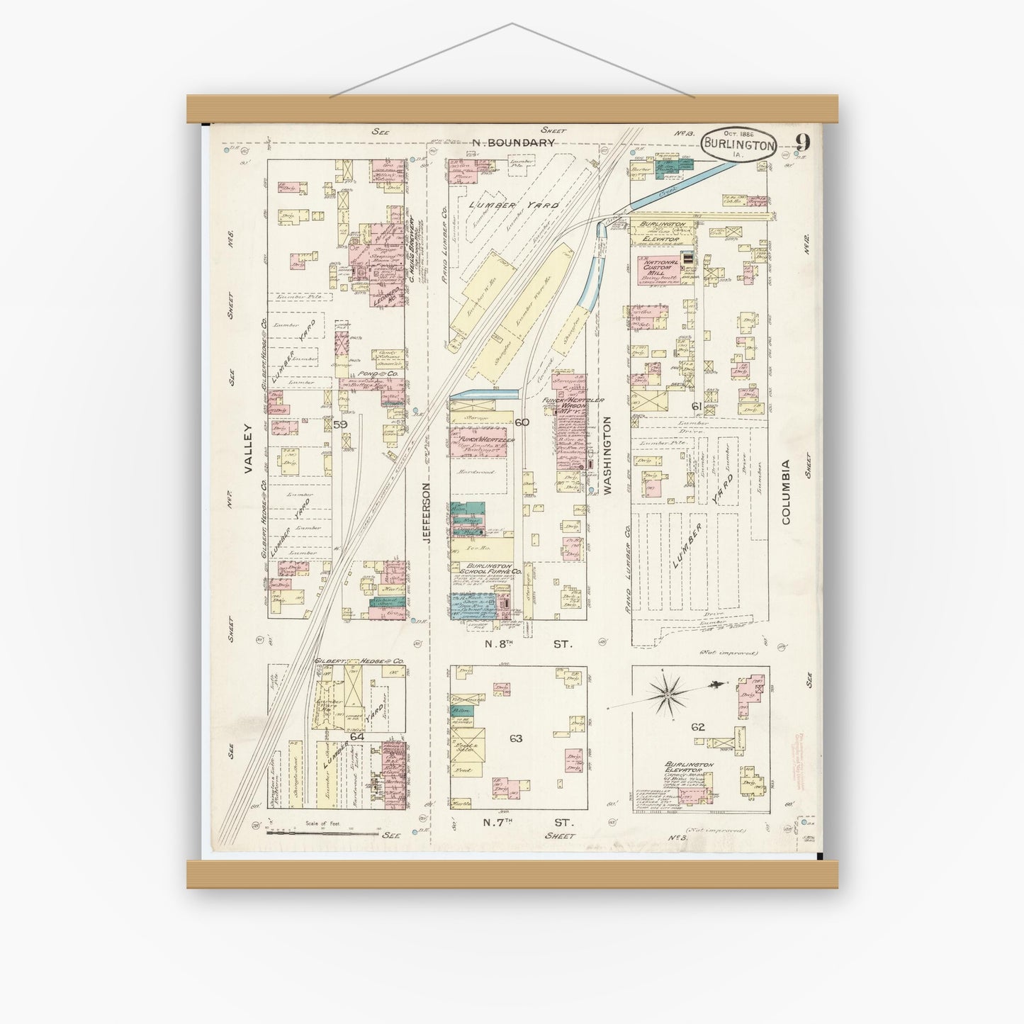 Old map wall art mockup — magnetic wood frame on white wall — Sanborn Fire Insurance Map from Burlington, Des Moines County, Iowa (1888), Sheet #0009