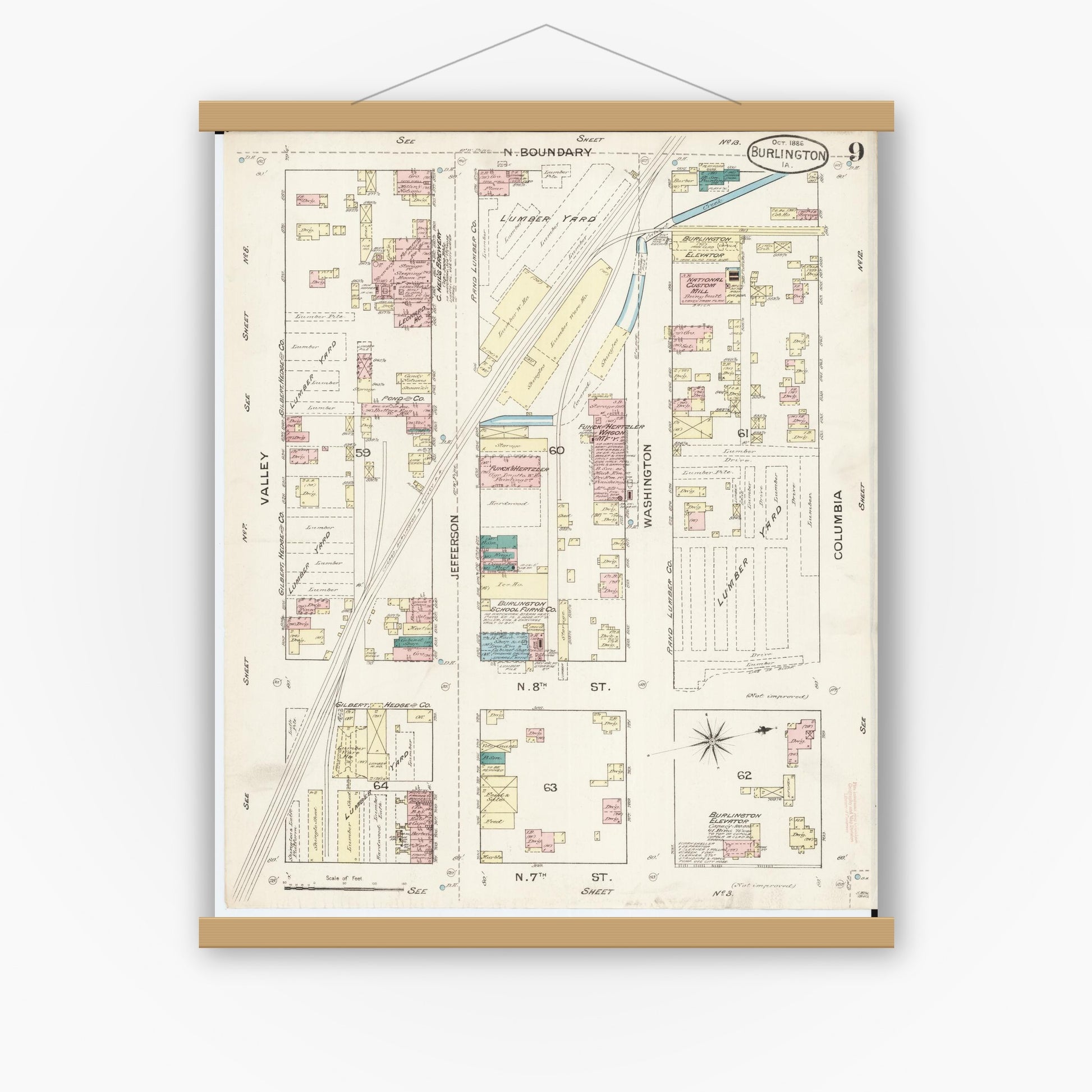 Old map wall art mockup — magnetic wood frame on white wall — Sanborn Fire Insurance Map from Burlington, Des Moines County, Iowa (1888), Sheet #0009
